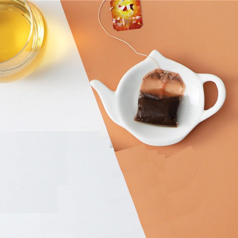 Luzen 4Pcs Ceramic Tea Bag Holder Personalized Teapot Shaped Tea Bag Coasters Tea Bag Saucers Rest Dish Tray for Tea Bag, Spoon Rest, White - Image 5